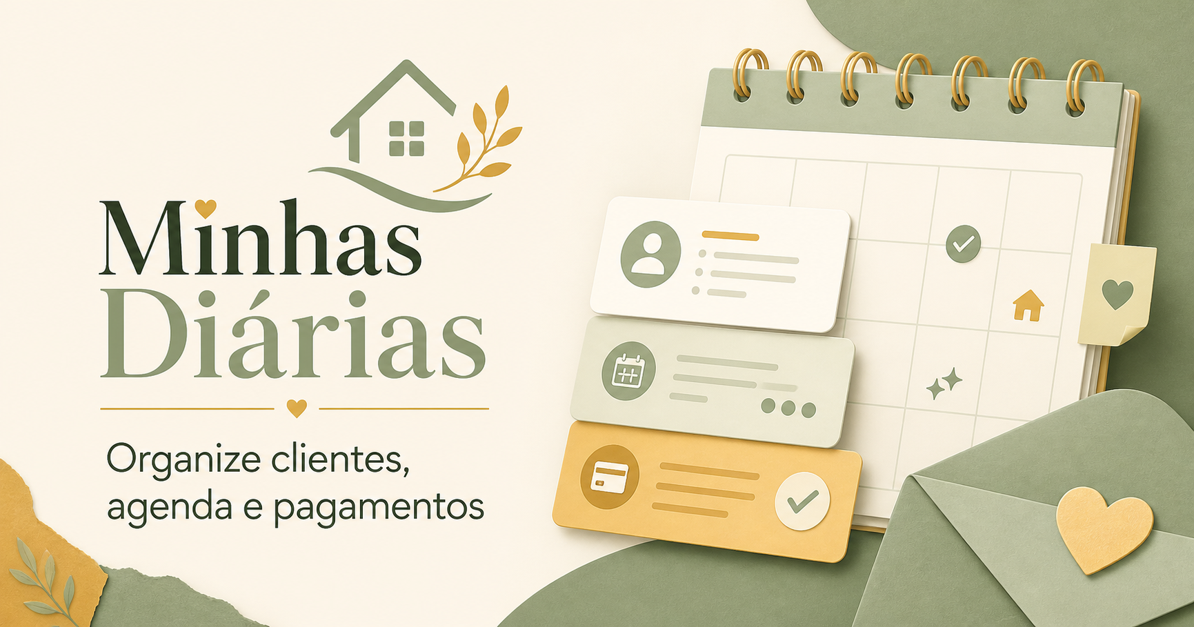 Telas reais do Minhas Diárias mostrando início, agenda, clientes e pagamentos